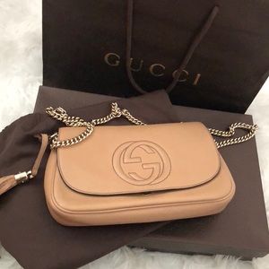 Gucci Soho Leather Flap Nude Cross Body Bag